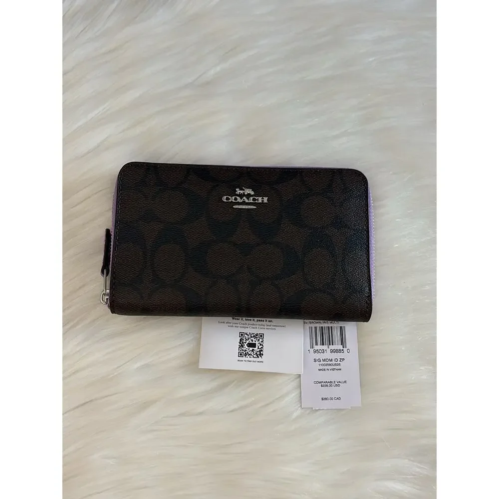 Coach Dark Brown Signature Zip Wallet with Lavender Trim